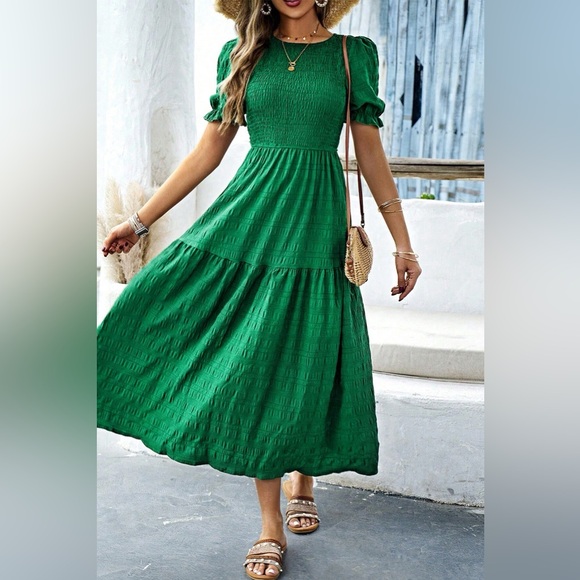 Smocked Puff Sleeve Midi Dress - Picture 1 of 7